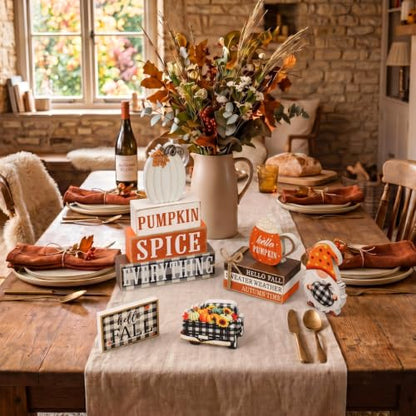 11 Pcs Fall Wooden Table Decorations Pumpkin Tiered Tray Decor - style: Hello Fall