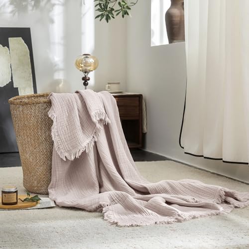 FOSSA Muslin Blanket 4-Layer 100% Cotton Gauze Blanket with Fringe 50"x70" - color: Greyish Pink, size: Throw XL (50" × 70")