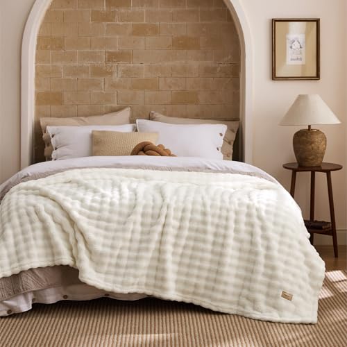 Bedsure Cloud Bubble Fleece Queen Blanket for Bed, Off White, 90"×90" - color: 01 Off White, size: Queen (90" X 90")