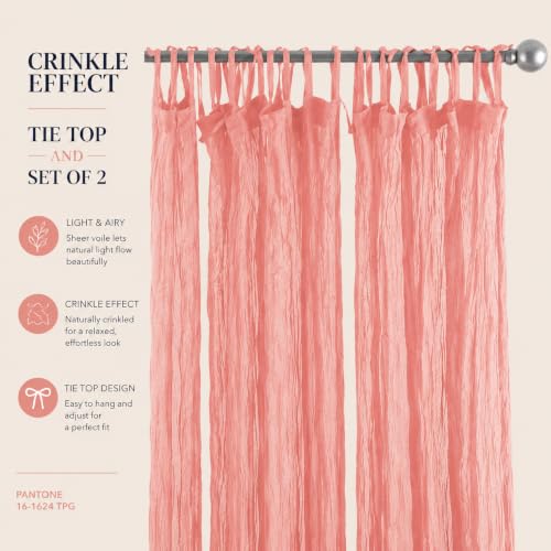 TARAN LIVING Sheer Crinkle Curtain Panel Set of 2, 100% Washable Cotton Window Treatment Rod Pocket Curtain Panels for Kitchen, Bedroom and Living Room (Salmon Pink, Long Door (40"x96")) - color: Salmon Pink