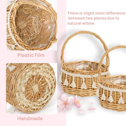 WRINGKIT 2 Pack Flower Girl Basket, Decorative Silk Petal, Small Boho Style