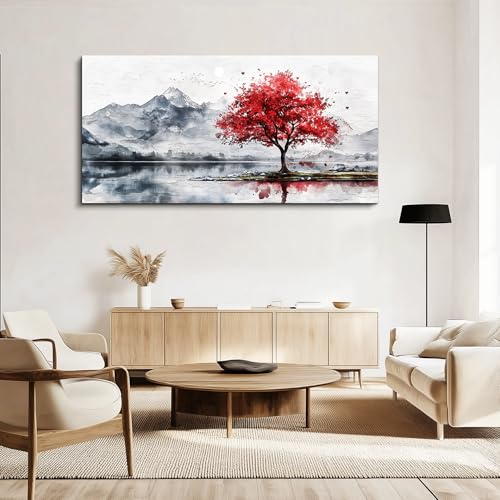 MHARTK66 Large Red Tree Mountain Canvas Wall Art for Living Room,24x48 Inch - color: Red Tree, size: 48"L x 24"W