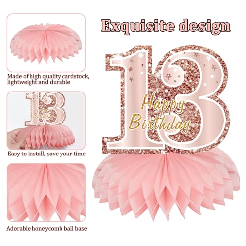 Turypaty Happy 13th Birthday Honeycomb Table Centerpieces Decorations Girls - style: Pink Rose Gold 13th