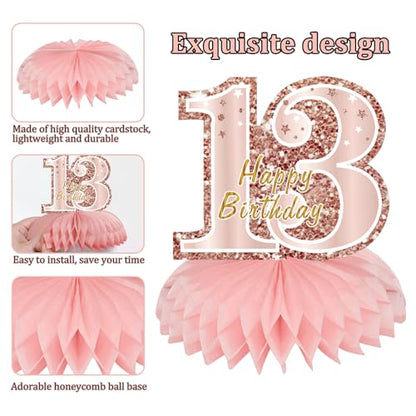 Turypaty Happy 13th Birthday Honeycomb Table Centerpieces Decorations Girls - style: Pink Rose Gold 13th