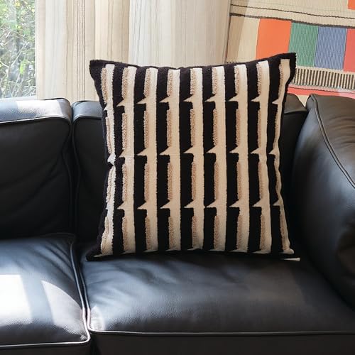 Black Cream Modern Strip Tufted Throw Pillow Covers，Neutral Textured Minimalism Chunky Pillowcases,Bohemian Mid Century Geometric Sham for Couch,1PC,18x18 Inch