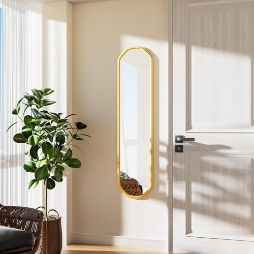 Ferytange Modern Slim Wall Decor Mirror 10"x44" Gold - Skinny Wall Decor for Entryway, Bedroom, Nursery, Luxury Metal Frame with Anti-Shatter Glass - color: Gold, size: 44"L x 10"W