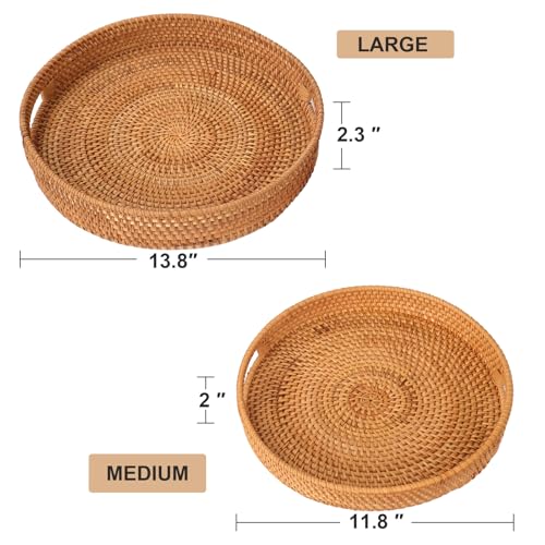 Round Rattan Serving Tray with Handles, Natural Wicker Decorative Tray for Serving, Fruit/Bread Serving Basket, Round Woven Tray，11.8 inch, Gift Idea Choice (11.8") - size: 11.8"