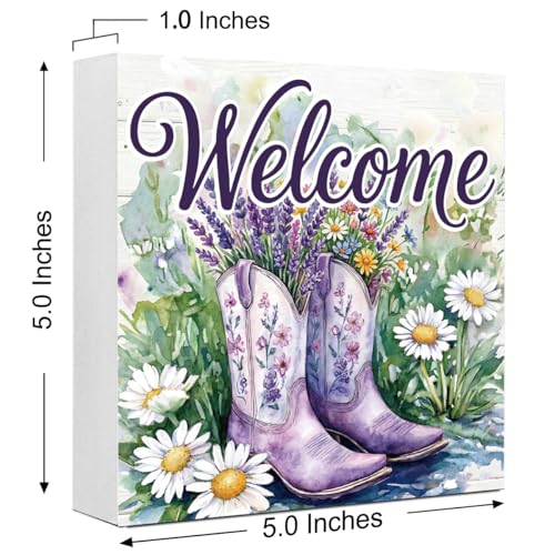Welcome Sign Spring Daisy Wooden Box Sign, Spring Decorations for Home Office Bathroom Kitchen Rustic Wood Block Signs for Desk Shelf Table Decor - color: Welcome4