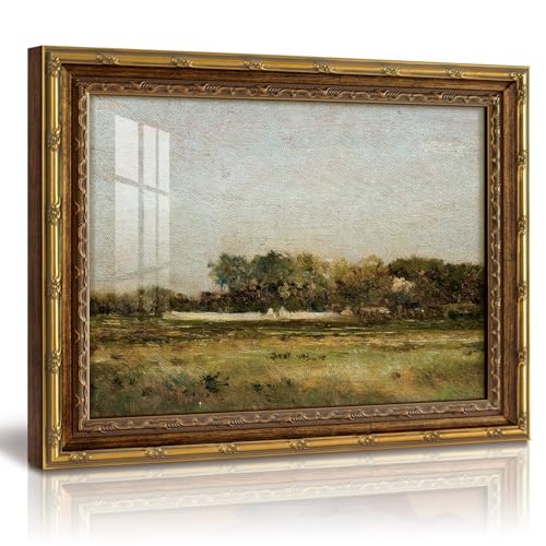 Gold Framed Wall Art, Pastoral Landscape Artwork for Walls, 13x16 Inch | Vintage Grassy Field Scenery Oil Painting with Glass, Nature Countryside Decor for Living Room Bedroom Bathroom Office - color: Open Field, size: 16"L x 13"W