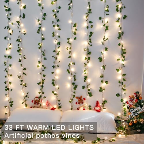 suddus 33FT 100 LED Pothos Vine with Fairy Lights Plug in Clear Wire - color: Pothos, size: 100 LED-Plug