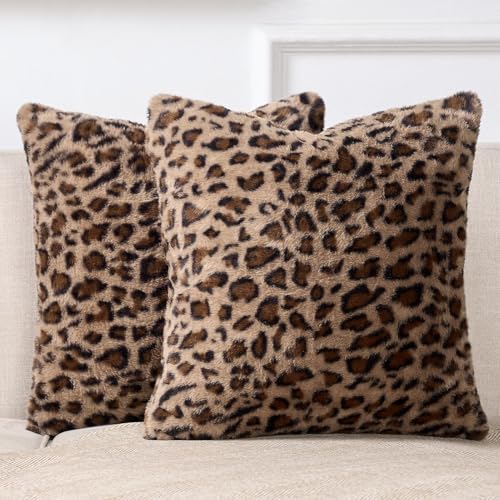 Cheetah Pillow Covers 18x18, Faux Fur Leopard Print Pillow Cases Set of 2 - size: 18" x 18" (Pack of 2)