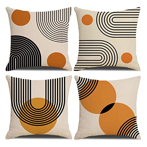 IcosaMro Boho Pillow Covers 18x18 Set of 4, Mid Century Modern Arch Sun Decor Cotton Linen Throw Pillow Cover Decorative Boho Cushion Cover with Zipper, Black and Orange - color: Orange Geometric Curve