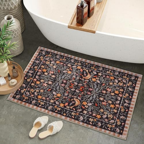 Black Bathroom Rug Funny Washable Bath Mat for Bathroom Non Slip, Print Rugs Boho Soft Shaggy Distressed Cute Bird Floral Bath Rug for Toilet Shower Sink, 18x26 inch - color: Black, size: 1'6" x 2'2" (Rectangular)