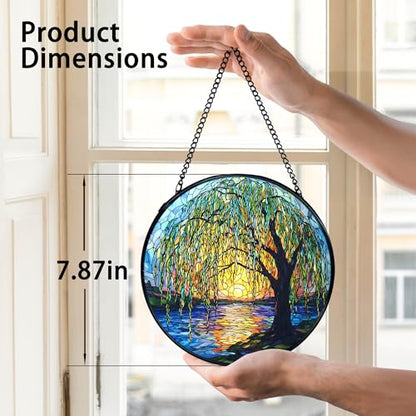 TNUW Willow Tree Stained Glass Window Hanging, Weeping Willow Sun Catchers Indoor Window Glass Round Wall Art Decor, Nature Tree Wall Hanging Decorations, 7.9＂x7.9＂