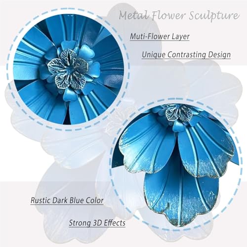 Metal Flower Wall Sculpture, 9.5" Blue Rustic Modern Artwork - color: 02C-Blue