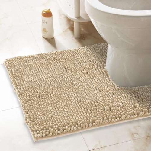 ITSOFT Standard 24"x21" U-Shaped Non-Slip Shaggy Chenille Toilet Contour Bathroom Rug with Water Absorbent, Beige - color: Beige, size: 24" x 21" (U-Shaped)
