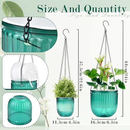 4 Pack Self Watering Hanging Planters with Drainage Holes Green
