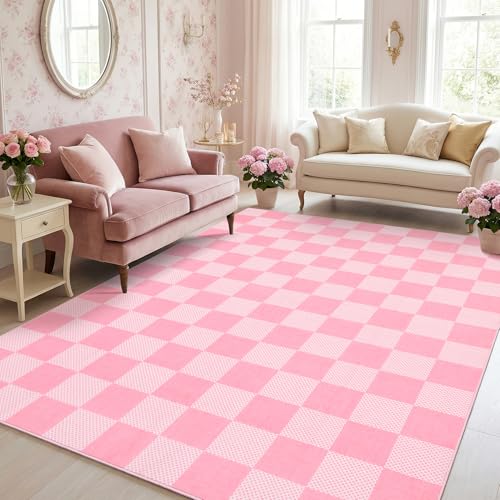GarveeHome Checkered Pink 6x9 Washable Girls Rug Low-Pile Bedroom Nursery - color: Blush Pink, size: 6' x 9' (Rectangular)