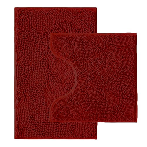 Bathroom Rugs Sets 2 Piece,Super Absorbent Chenille Bath Mats and U-Shaped Toilet Rug,Strong PVC Non Slip Backing,Microfiber Washable Dry Quickly Bath Mats for Bathroom(20"x32"+20"x20"U,Dark Red) - color: Dark Red