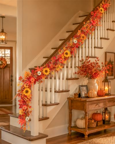 6 FT Lighted Fall Garland for Mantel, Fall Leaves Garland for Halloween