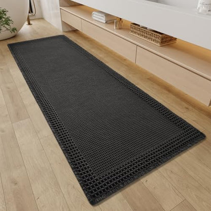 RESARE Waffle Bathroom Runner Rugs, Non Slip Boho Bath Mat 24"x72" Black - color: Black, size: 2' X 6'