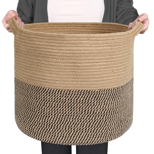 MEGASKET Large Wicker Storage Basket, 16" x 14" Woven Baskets for Storage, Blanket Storage for Living Room, Big Round Wicker Bin for Laundry, Pillows, Towels, Shoes, Dog Kids Toy Box, Home Decor - color: Jute & Black Stripes, size: 16"D x 14"H