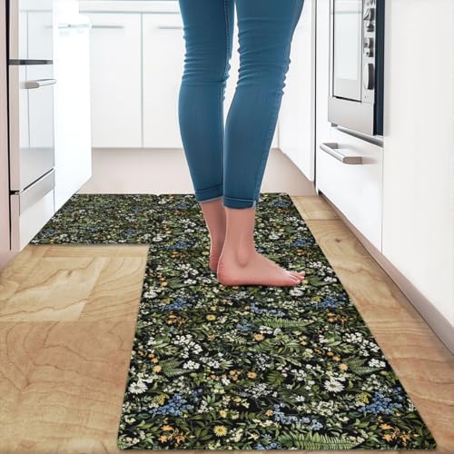 Feelyou Black Green Botanical Blossom Flowers Kitchen Rugs 2PCS - color: Black Green