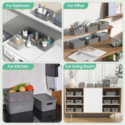 Ohmlove 8 Pack Plastic Storage Baskets with Lids for Organization - color: Gray