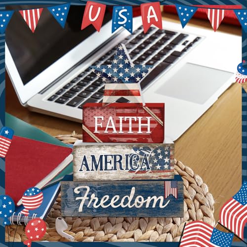 Britimes Tiered Tray Decor Set, 4 Pack, Wooden Table Sign, Patriotic 4th - style: Star