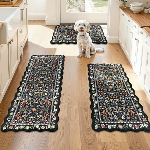 Yamaziot Boho Anti Fatigue Kitchen Rug Set of 3 Scalloped Non-Slip, Black - color: Black, size: 17.3"x29"+17.3"x35"+17.3"x47"