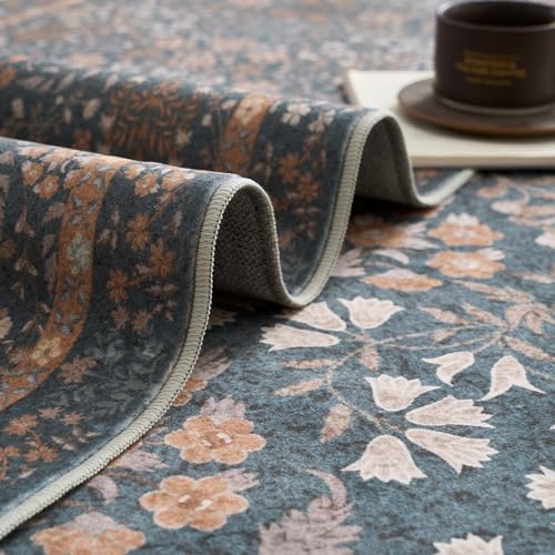 jinchan 4ft Washable Round Area Rug, Soft Floral Non-Slip, Dark Blue - color: Dark Blue, size: 4' (Round)