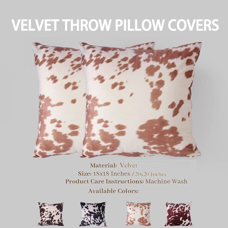 Velvet Throw Pillow Covers 20x20 Beige Tan Cow Print Couch Pillows - color: Light Brown, size: 20" x 20" (Pack of 2)