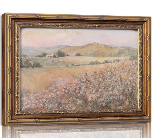 Vintage Gold Framed Pink Wildflower Canvas Wall Art Mountain Wildflowers Wall Decor Spring Field Print Landscape Painting Picture Country Natural Flowers Poster Print Artwork for Living bedroom Home - color: Pink Wildflower, size: 11"L x 9"W