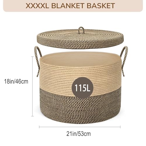 XXXXL Extra Large blanket basket with lid 21"x21"x18" blanket storage for living room,Large woven storage basket round laundry basket rope basket 115L (Jute&Black) - color: Jute&Black