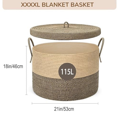 XXXXL Extra Large blanket basket with lid 21"x21"x18" blanket storage for living room,Large woven storage basket round laundry basket rope basket 115L (Jute&Black) - color: Jute&Black