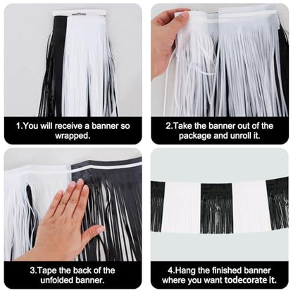 BEISHIDA Black White Fringe Garland Banner 30ft Wall Tinsel Foil Streamers - color: Black White