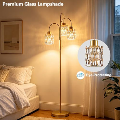 Amber Glass Floor Lamp 3-Light 70" Gold Dimmable Modern Tall Standing Lamps - color: Amber Cylinder-Gold