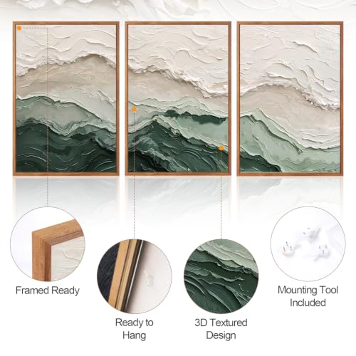 Aurlan 3D Textured Green Abstrcat Ocean Framed Canvas Wall Art 16x24 Inch - color: Green Beige (3D Textured), size: 16"L x 24"W