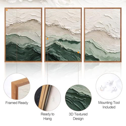 Aurlan 3D Textured Green Abstrcat Ocean Framed Canvas Wall Art 16x24 Inch - color: Green Beige (3D Textured), size: 16"L x 24"W