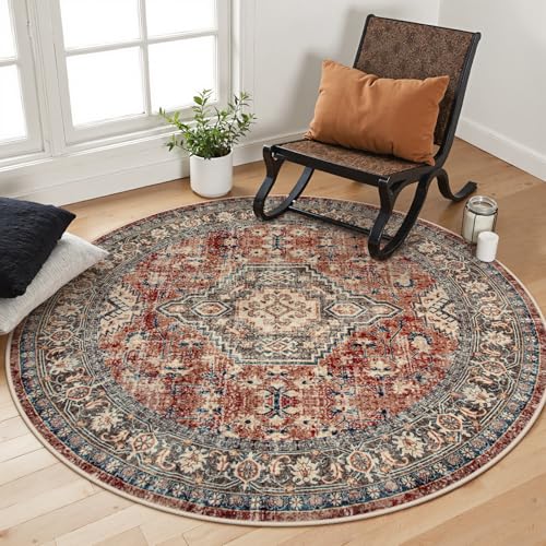 Lahome Oriental Washable Round Area Rug, Non-Slip Round Rugs 6ft Ultra-Thin - color: Brick Red, size: 6'(Round)