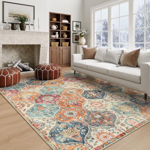 Lahome Moroccan 5x8 Area Rug, Washable Rugs for Living Room Bedroom - color: Burnt Orange/Teal Multi, size: 5' X 8' (Rectangular)