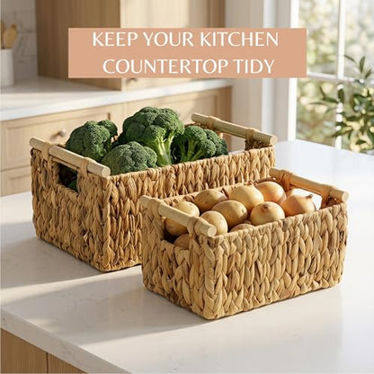 Water Hyacinth Storage Baskets, Wicker Shelf Baskets with Wooden Handle