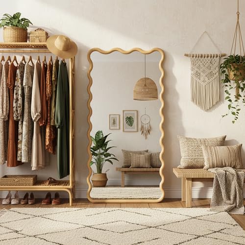 Full Length Mirror, 55”x28” Wavy Wood Floor Mirror for Wall - size: 55"L x 28"W