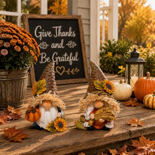 Hodao Thanksgiving Decor Harvest Elf Figurines with Pumpkin Sunflower - color: Brown-2 Pcs