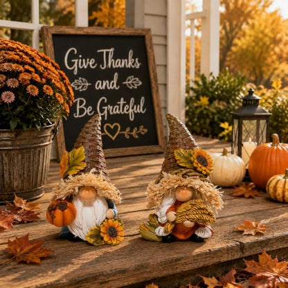 Hodao Thanksgiving Decor Harvest Elf Figurines with Pumpkin Sunflower - color: Brown-2 Pcs