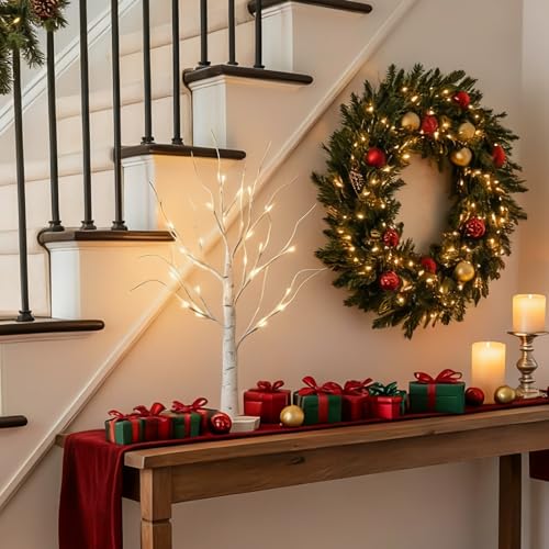 Vanthylit Lighted Tree, White Birch Tree with LED Lights, Prelit Artificial Tree with Timer, Centerpiece Tree Light for Christmas Decorations, Light Up Tabletop Tree Home Decor (2 FT, Warm White) - size: 2ft