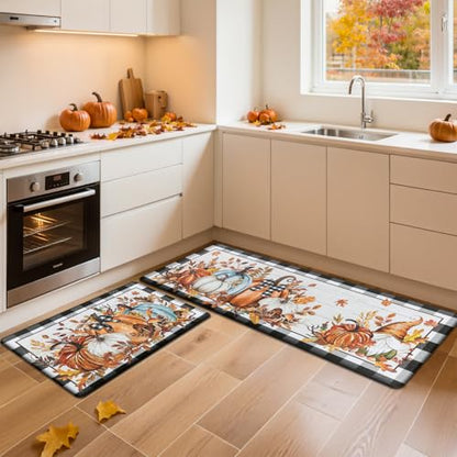 SHACOS Fall Anti Fatigue Kitchen Mats Pumpkins Gnome 17x27.5+17x47 | Orange Maple Black White Checkered Autumn Harvest Cushioned Kitchen Rugs Sets of 2 Non Slip Kitchen Floor Mat - color: Pumpkins Black Plaid