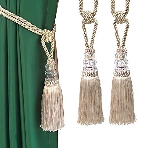 Tassel Curtain Tiebacks Handmade Curtain Tie Backs, Elegant Crystal Curtain Holdbacks for Home Office Decor (Beige, 2P) - color: Beige, size: 2P