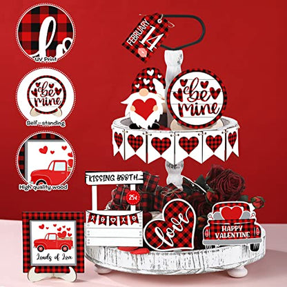 12 Pieces Valentine's Day Tiered Tray Decor Buffalo Plaid Table Wooden Sign Decorations Gnome Tabletop Heart Signs Be Mine Love Decor for Valentine's Day Party Home Kitchen Holiday(Plaid Heart) - style: Plaid Heart