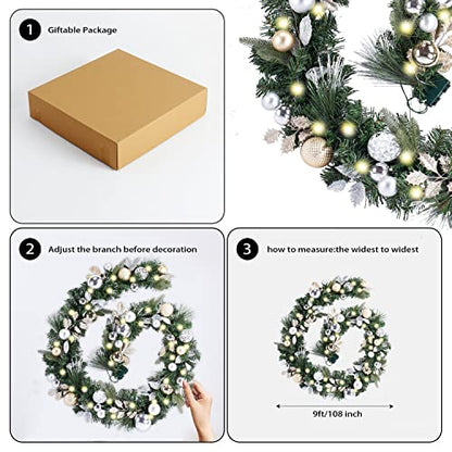 WANNA-CUL Pre-Lit 9ft Christmas Garland with Lights 50LED Pale Gold Baubles - color: 03-champagne Gold